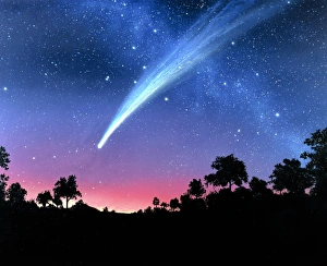 Artwork of comet Hale-Bopp over a tree landscape Artwork of comet Hale-Bopp over a tree landscape