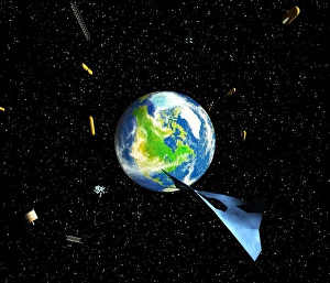 Artwork of debris in orbit around the earth Artwork of debris in orbit around the earth