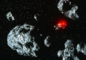Artwork of manned space probe amongst asteroids Artwork of manned space probe amongst asteroids
