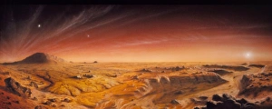 Prints of Mars. Panoramic illustration of the surface of the planet Mars. Mars is an arid, rocky planet, its surface and atmosphere coloured red by rocks and dust rich in iron Images Dated 1995 August 7 Aug 1995: Mars Surface Panorama Print