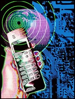 Images Dated 19th May 1997: Artwork of mobile telephone, globe & circuit board