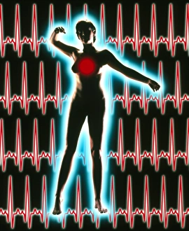 Artwork of normal ECG heart trace on female figure Artwork of normal ECG heart trace on female figure