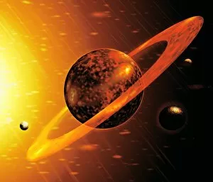 Images Dated 24th February 2004: Artwork of red dwarf star with flares over planet