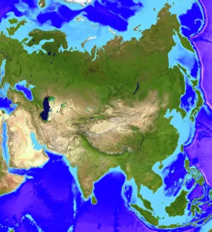 Prints of Asia. Computer artwork, based on a satellite image, of Asia. North is at top. Water is blue, vegetation is green and desert is yellow Images Dated 2006 August: Asia Print - Computer artwork of the Asian continent