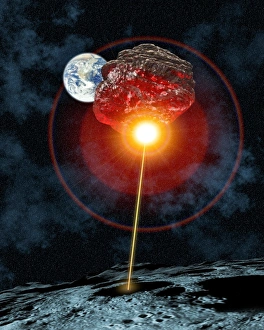 Prints of Asteroid deflection. Computer artwork of a laser (on the Moon) being used to deflect an asteroid from its impact course with Earth Images Dated 2004 August: Asteroid Deflection Print