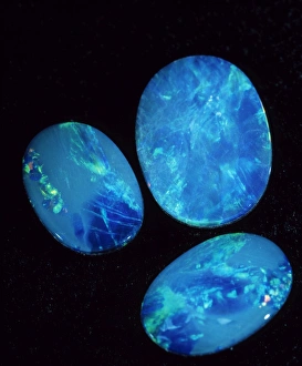 Prints of Blue opal gemstones. This mineral is a form of hydrous silicon oxide (silica, SiO2). It is named after the Indian word for precious stone Images Dated 2004 July: Blue Opal Print: A polished gemstone with an iridescent sheen