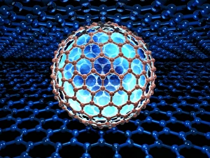 Prints of Buckyball technology. Computer artwork of a spherical fullerene (buckyball) enclosed between two carbon sheets Images Dated 2006 June: Buckyball Molecular Model Print