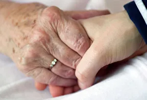 Prints of MODEL RELEASED. Caring for the elderly, conceptual image. Close-up of a young person and an elderly person holding hands Images Dated 2008 December: Print of a young person and elderly person holding hands