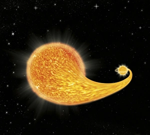 Prints of Cataclysmic binary stars. Computer artwork of a red dwarf (large) orbiting around a white dwarf (small) Images Dated 2011 May: Cataclysmic Binary Stars Print