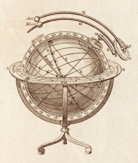 Prints of Plate from 18th century encyclopedia showing an illustration of a celestial globe. Celestial globes show the apparent positions of the stars in the sky Images Dated 2013 September: Celestial Globe Print C017 / 3444