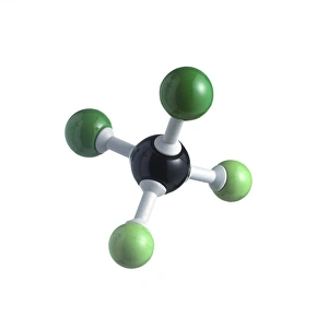 Prints of CFC molecule. Model of a molecule of dichlorodifluoromethane, also known as Freon-12 Images Dated 2011 August: CFC Molecule Print - Dichlorodifluoromethane Structure