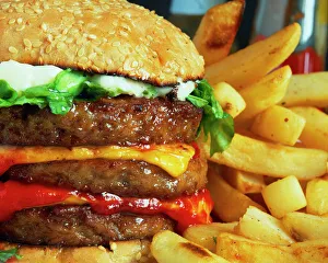 Images Dated 2003: Print of a cheeseburger and chips