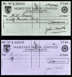 Prints of Cheque fraud. Image showing how ultra violet (UV) light is used to detect cheque fraud. The upper and lower image show the same cheque (from 1965) Images Dated 2005 August: UV Light Reveals Cheque Forgery Print