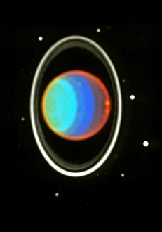 Prints of Uranus. Coloured Hubble Space Telescope near- infrared image of Uranus, showing clouds in its hydrogen and helium atmosphere Images Dated 2002 October: Uranus Atmosphere Print - Near-Infrared Image