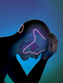 Prints of Cluster headache. Artwork of a man holding his head in pain. The glowing lines represent severe localised headaches known as cluster headaches. These generally manifest on one side of the head only Images Dated 2012 September: Cluster Headache Print
