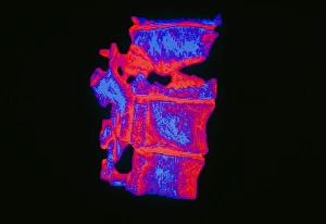Coloured 3-D CT scan of a fractured vertebra Coloured 3-D CT scan of a fractured vertebra