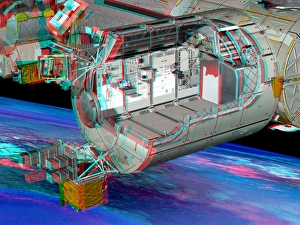 Prints of Columbus module of the International Space Station (ISS), cutaway stereo artwork Images Dated 2012 February: Columbus ISS Module 3D Cutaway Print
