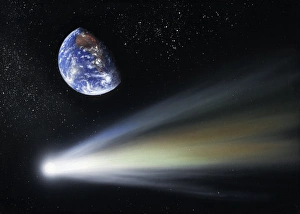 Prints of Comet and Earth. Artwork of a comet passing the Earth. Comets are bodies of ice and dust that enter the inner solar system from the outer solar system Images Dated 2008 May: Comet and Earth Print