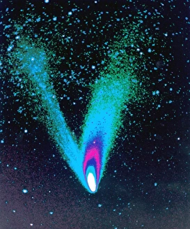 Computer-enhanced coloured image print of Comet Hale-Bopp