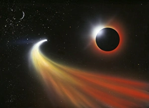 Prints of Comet passing a planet, artwork. The planet is passing in front of (eclipsing) its parent star. Its moon (in its crescent phase) is at top left Images Dated 2008 May: Comet and Eclipsing Planet Print