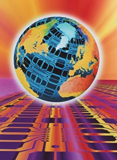 Computer art of Earth as a circuit board Computer art of Earth as a circuit board