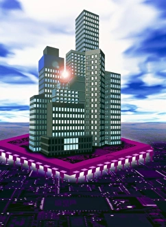 Computer art of future city floating on microchip Computer art of future city floating on microchip