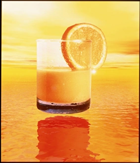 Computer art of glass of orange juice & orange sea Computer art of glass of orange juice & orange sea