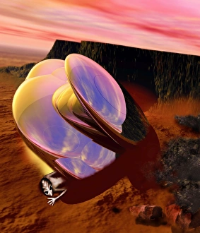 Computer artwork of an alien and its crashed UFO Computer artwork of an alien and its crashed UFO