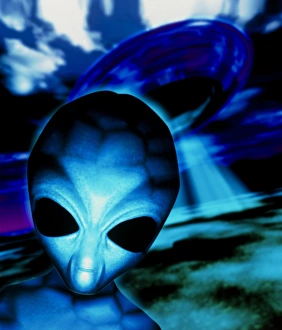 Spacecraft Concept Art Prints: Computer artwork of an alien and a UFO