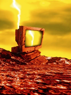 Abstract Computer Art Prints: Computer artwork of broken computer in wasteland