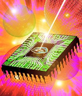 Computer artwork of light hitting eye in microchip Computer artwork of light hitting eye in microchip