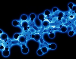 Prints of Molecule. Computer artwork of part of a molecule depicting its arrangement of atoms (balls). The rods holding the balls together represent the chemical bonds between the atoms Images Dated 2004 January: Molecule Print - Computer artwork of atoms and chemical bonds