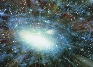 Computer artwork of a spiral galaxy forming Computer artwork of a spiral galaxy forming