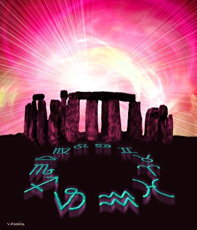 Computer artwork of Stonehenge and zodiac signs Computer artwork of Stonehenge and zodiac signs