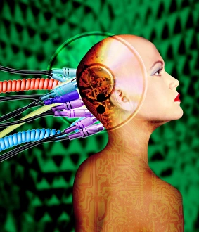 Computer artwork of wires in a womans head Computer artwork of wires in a womans head
