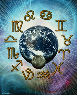 Computer artwork of the zodiac signs around Earth Computer artwork of the zodiac signs around Earth