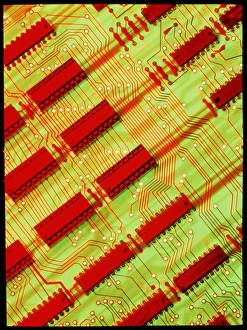 Circuit Board Design Prints: Computer circuit board with microchips