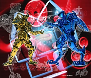 Prints of Computer game. Conceptual computer artwork representing a computer game. Two robotic characters from the game are shown, with several buttons (red) from a panel used to control their movement Images Dated 2001 July: Robotic Game Characters Print