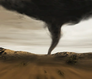 Prints of Tornado. Computer illustration of a tornado. A tornado is a violent, rotating column of air characterised by a funnel-shaped cloud Images Dated 2002 August: Computer illustration of a tornado Print