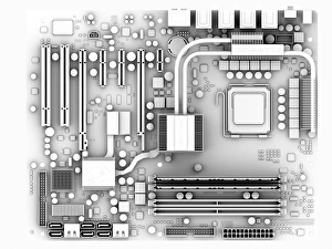 Prints of Motherboard. Computer artwork of the main circuit board (motherboard) of a personal computer (PC). Motherboard components include transistors, diodes, resistors, capacitors and inductors Images Dated 2011 October: Motherboard Print