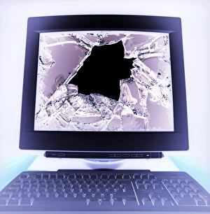 Prints of Smashed computer screen, computer-enhanced image. This could represent the crippling of a computer by a virus, or a computer struck by its user in rage at its perceived misbehaviour Images Dated 2004 July: Computer rage Smashed computer screen Print