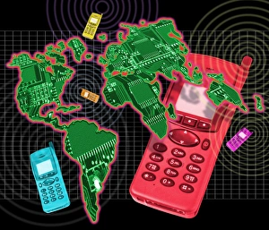 Global Communication Print: Coloured Mobile Phones and World Map