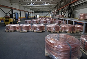 Prints of Copper production. Bales of copper wire at a refinery. This copper has come from high grade recycled metal. Photographed at the Novgorod Metallurgical Plant, Russia Images Dated 2010 September: Copper wire bales Print