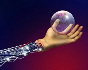 Prints of Cybernetic hand, conceptual computer artwork. The wires and mechanical levers at left are used to control the hand and allow it to manipulate and grasp objects such as the globe Images Dated 2004 June: Cybernetic Hand Print: A Merging of Technology and Anatomy