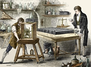 Images Dated 2nd February 2010: Coloured 19c Print of Humphry Davy Experimenting with Alkalis