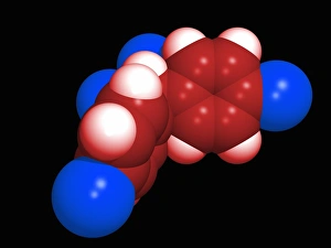 Prints of DDT molecule. Computer model of a molecule of the pesticide DDT (dichlorodiphenyltrichloroethane, C14. H9. Cl5). Atoms (spheres) are colour-coded: carbon (red), hydrogen (white), chlorine (blue) Images Dated 2002 April: Computer model of a DDT molecule, depicted as coloured spheres