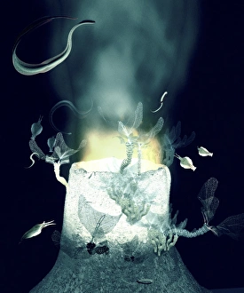 Prints of Deep ocean aliens. Artwork of alien life forms adapted to survive on a deep ocean seabed. A hydrothermal vent (centre) releases heat energy and mineral nutrients Images Dated 2005 September: Deep Ocean Aliens Print