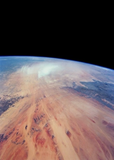 Prints of Sahara Desert in Chad seen from space. A sandstorm is seen at upper centre (white) over the Djourab region Images Dated 2001 October: Sahara Desert in Chad Print from Space