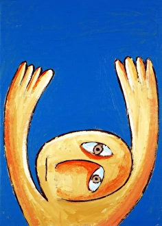 Prints of Despair. Artwork depicting a person reaching into the air. This could represent reaching for help; anguish or despair; or a yearning for love and attention Images Dated 2004 May: Despair Print: A Person Reaching Upwards