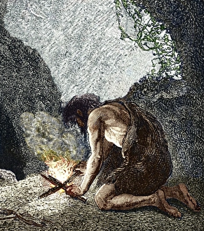 Prints of Early human making fire. Coloured artwork of a method of making fire being used by an early human. This method involves rubbing two pieces of dry wood together Images Dated 2008 October: Early Human Making Fire Print